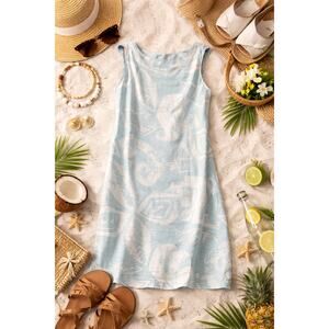 Kai Women's Hawaiian Crewneck Sheath Dress Sleeveless Light Blue Printed Size XS